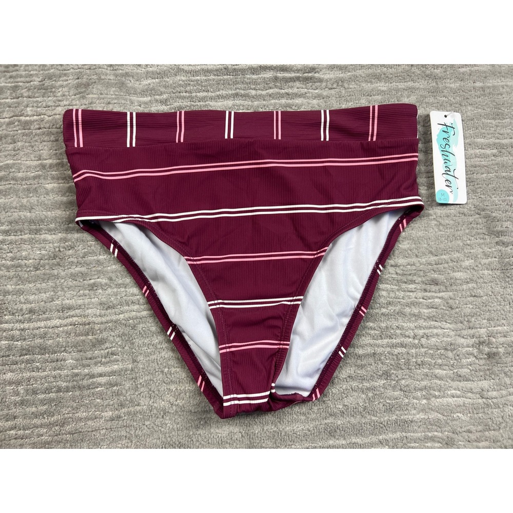 Freshwater Swim Bottom Women M Burgundy Striped High Waist High Leg FA23S014RP
